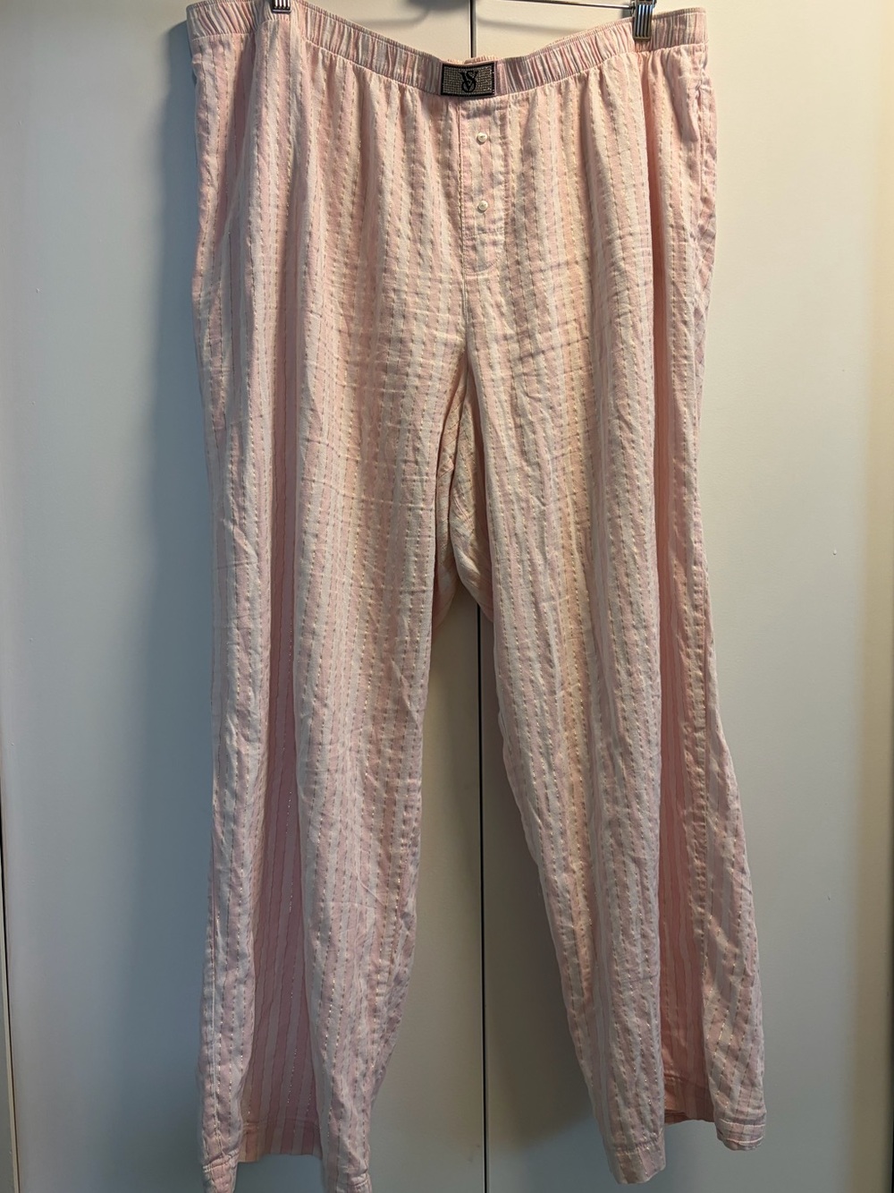 Victoria’s Secret Light Pink Stripe Wide Leg Pajama Pants with Rhinestone Logo